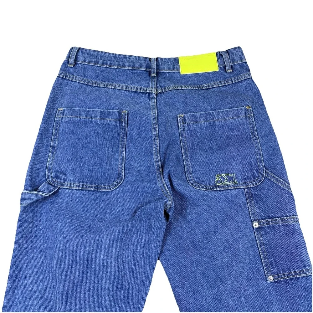 Mens Denim Cargo Jeans Blue‎ Medium Wide Leg Snaps Streetwear Utility Y2K Skater